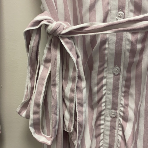 White/Lavender Striped Button Down Tie Dress - Picture 3 of 5